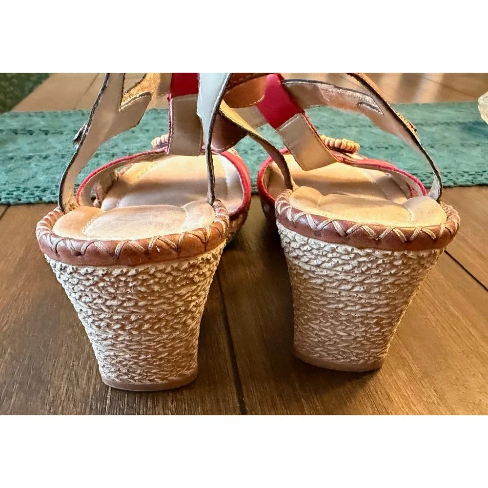 Remonte Red Tan Leather Beaded Wedge Sandals Womens 37 Slingback Boho US Sz 6.5